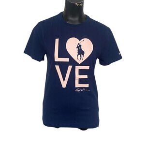 Polo Ralph Lauren LOVE Pink Pony Walk Navy Blue T Shirt Size Small